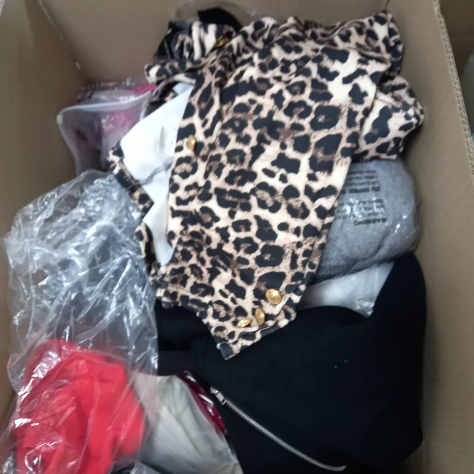 BOX OF ASSORTED CLOTHING ITEMS TOO INCLUDE JUMPERS, SHIRTS AND TROUSERS IN VARIOUS SIZES AND COLOURS   