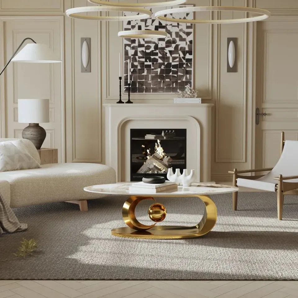 BOXED 130CM GOLD OVAL MARBLE COFFEE TABLE WITH STAINLESS STEEL BASE (2 BOXES)