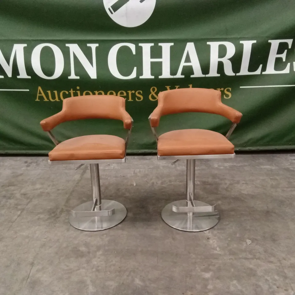 SET OF 2 FIRENZA BAR STOOLS IN TAN PU LEATHER AND CHROME BASE