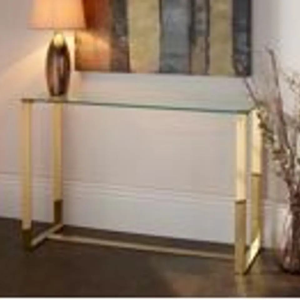 BOXED DESIGNER MEGAN CONSOLE TABLE - TEMPERED GLASS WITH STAINLESS STEEL LEGS IN GOLD 