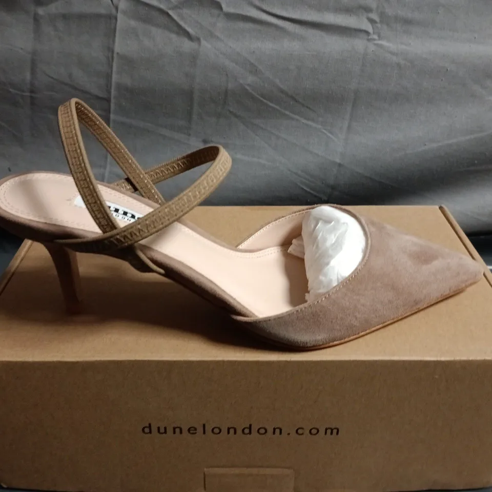 BOXED PAIR OF DUNE LONDON TAUPE CARAMEL SUEDE SLINGBACK POINTED-TOE HEEL - UK SIZE 4