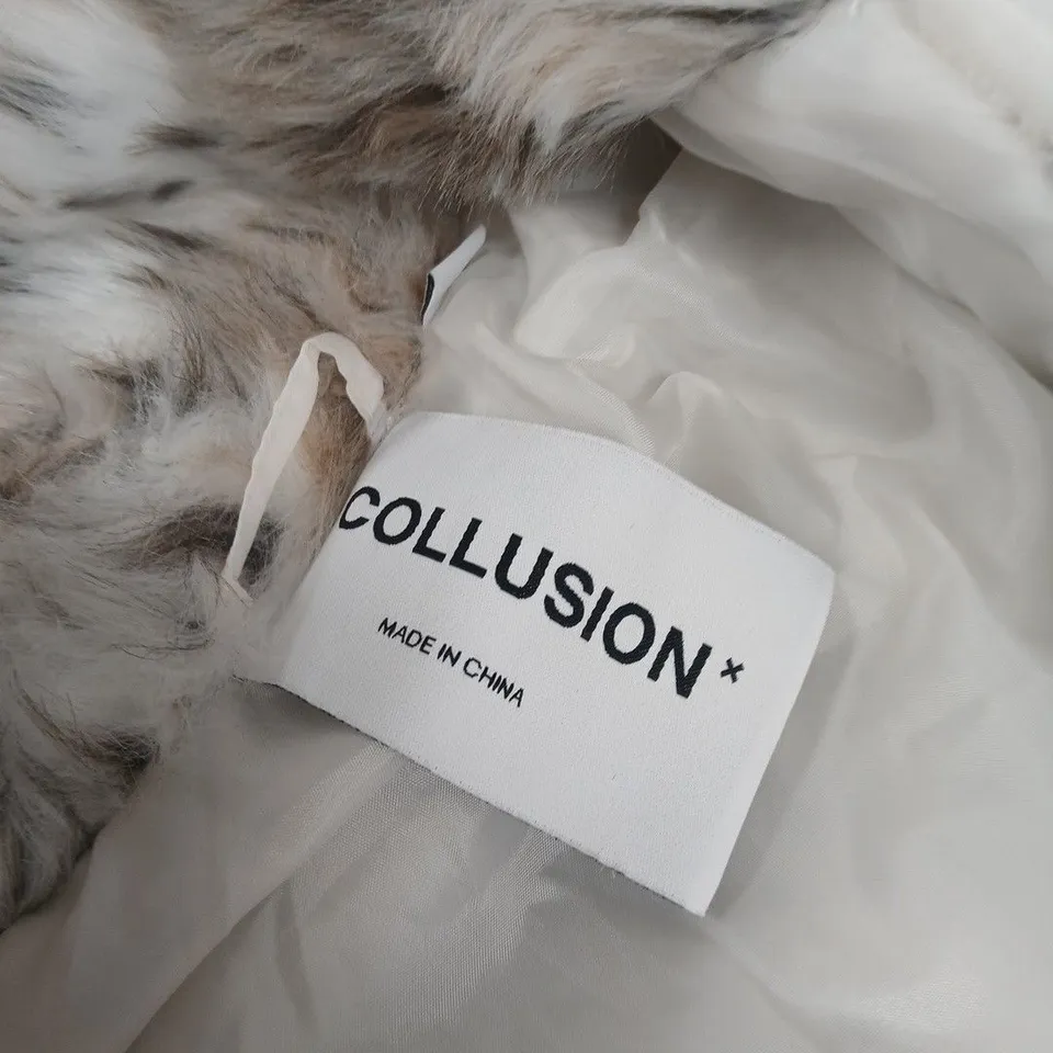 COLLUSION+ FAUX FUR COAT – WOMEN'S WHITE/BROWN SPECKLED, MADE IN CHINA, UK 10