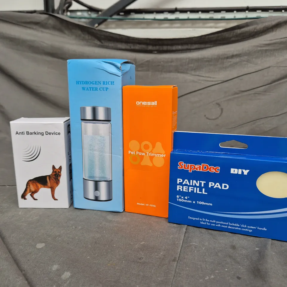 APPROXIMATELY 15 ASSORTED HOUSEHOLD ITEMS TO INCLUDE ANTI BARKING DEVICE, PAINT PAD REFILL AND A HYDROGEN RICH WATER CUP