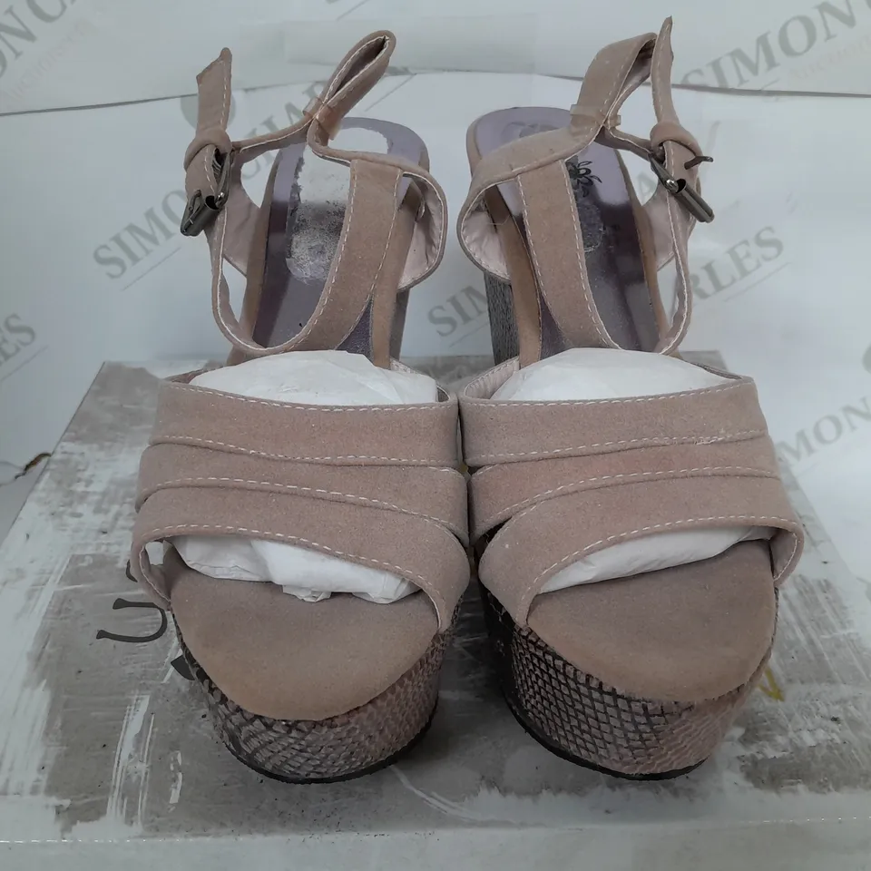 BOXED PAIR OF KRUSH OPEN TOE STRAP PLATFORM SHOES IN MINK - SIZE 4