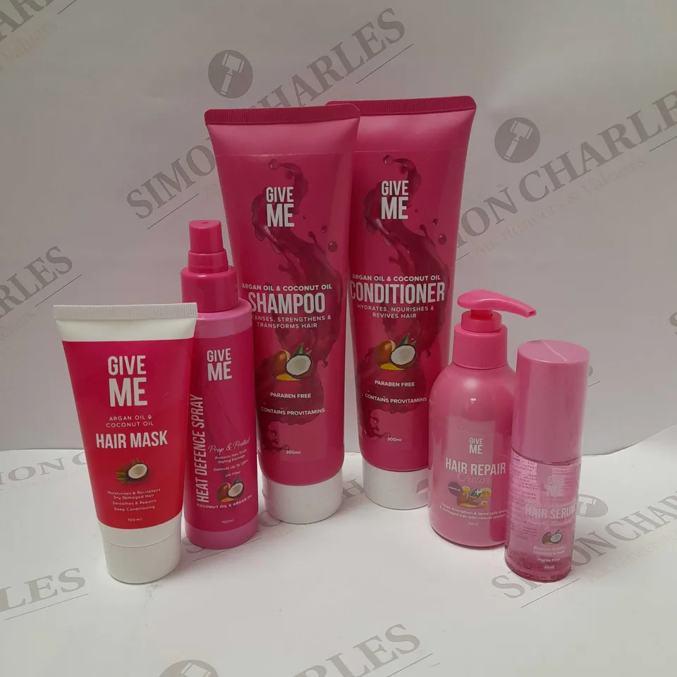 LOT OF 6 ASSORTED GIVE ME PRODUCTS TO INCLUDE SHAMPOO 300ML, HAIR REPAIR CREAM 150ML, HAIR SERUM 45ML, ETC 