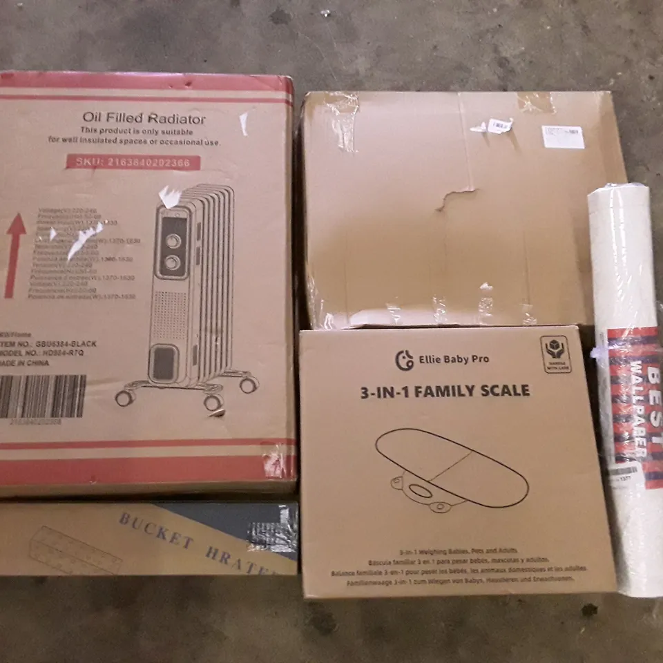 PALLET OF ASSORTED PRODUCTS INCLUDING OIL FILLED RADIATOR, WALLPAPER, 3-IN-1 FAMILY SCALE, ELECTRIC BLANKET, TRAVEL LUGGAGE, AIR MATTRESS