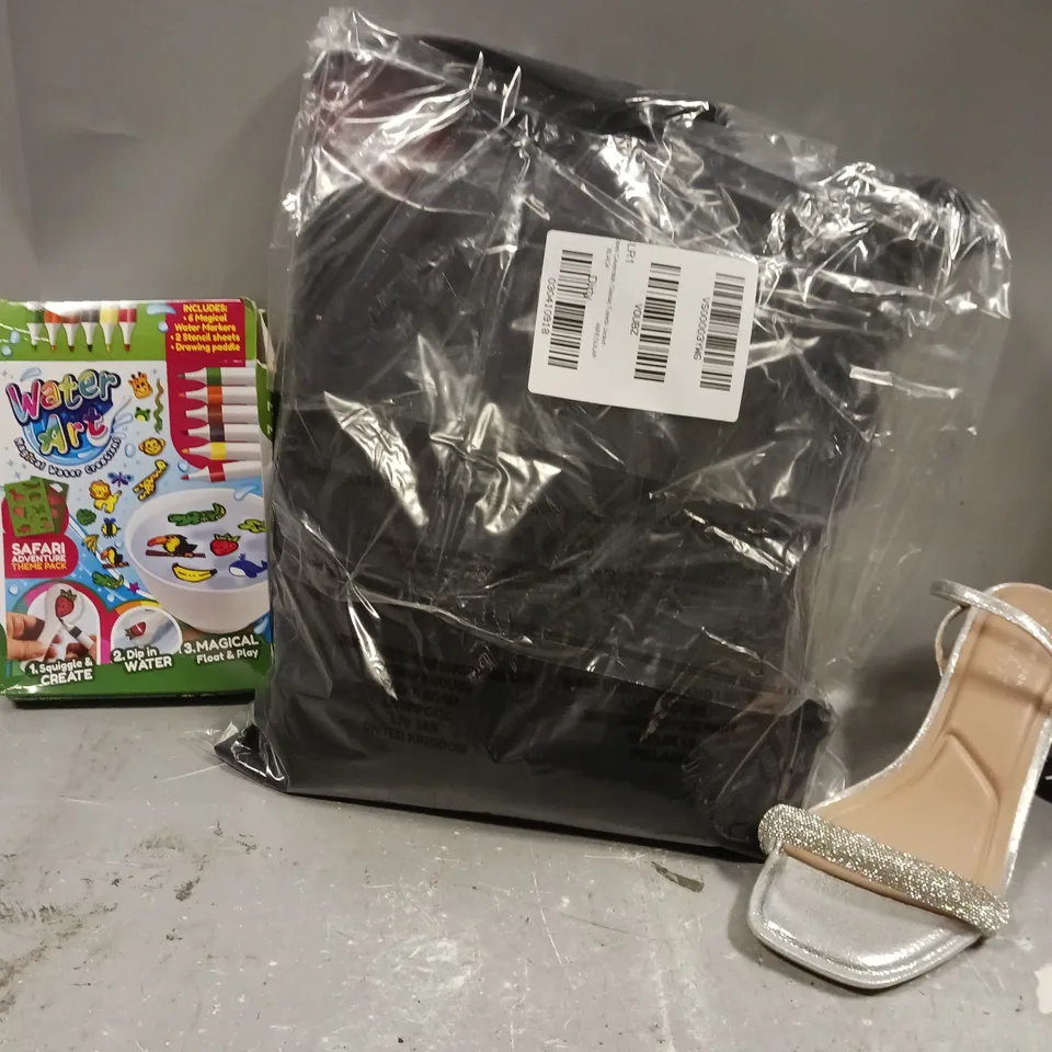 BOX OF APPROXIMATELY 5 ASSORTED ITEMS TO INCLUDE - WATER ART , NEW LOOK COMFORT OPEN TOE HEELS , TUXEDO JACKET SIZE 48 ETC