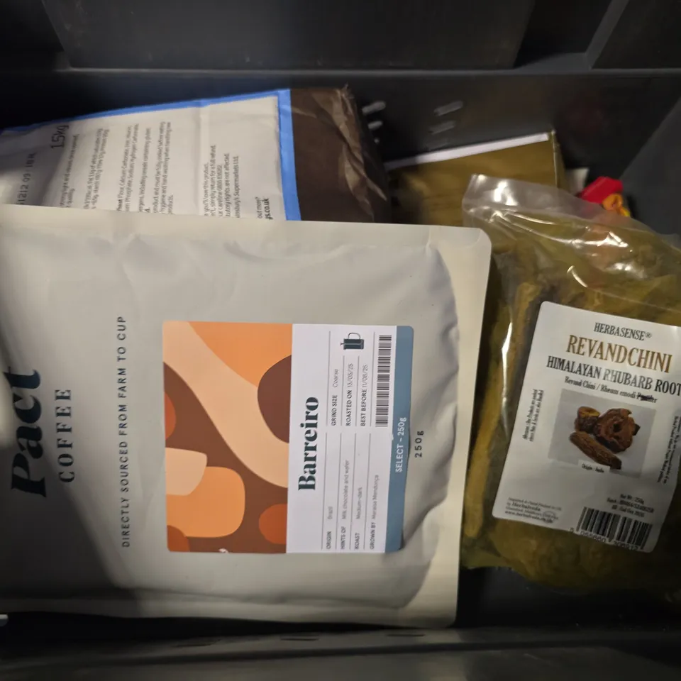 APPROXIMATELY 15 ASSORTED FOOD ITEMS TO INCLUDE - MINI EGGS , PACT COFFEE TUTTI FRUTTI ESPRESSO ETC
