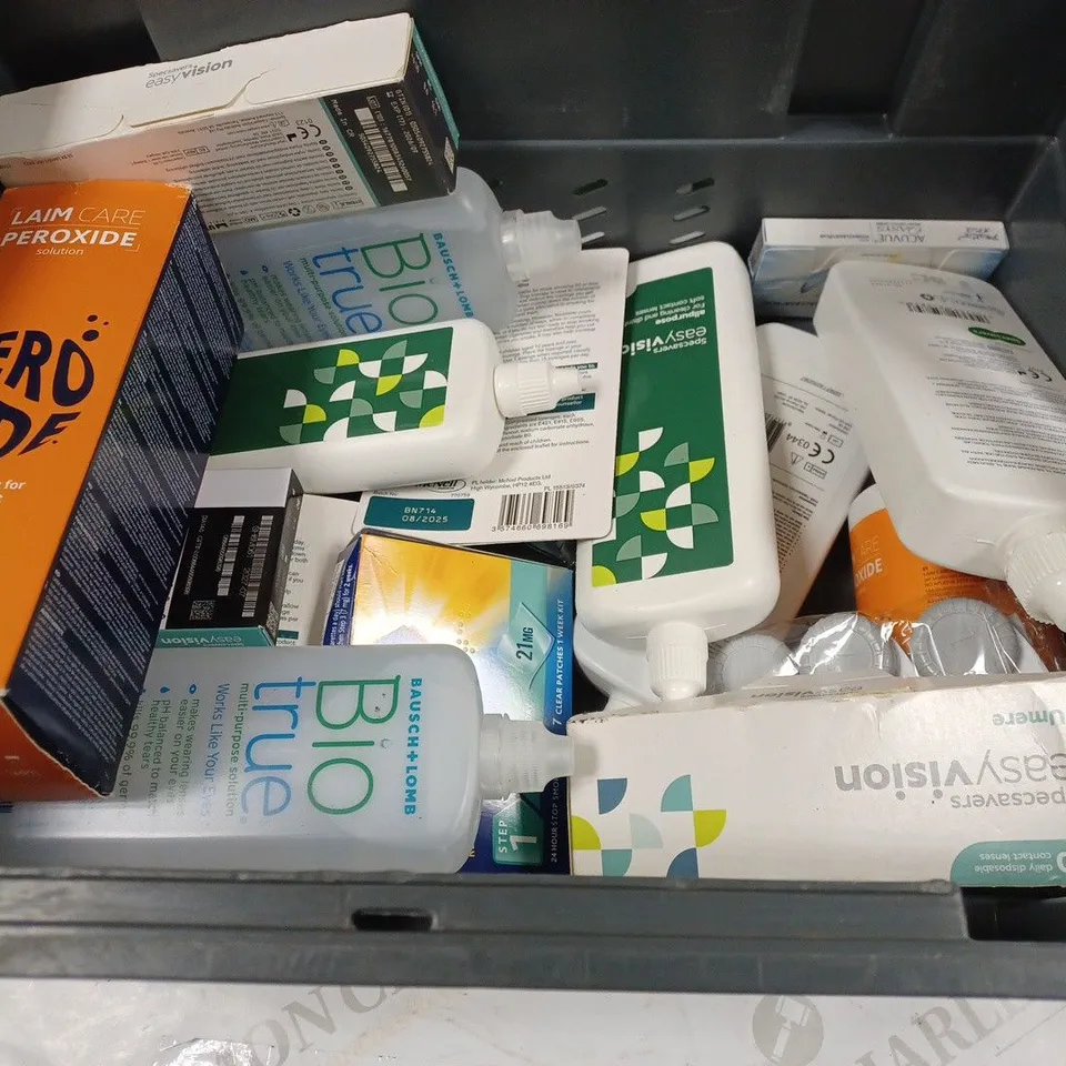 BOX TO CONTAIN APPROX. 20 X ASSORTED VISION CARE PRODUCTS. INCLUDES CONTACT LENSES & CLEANING SOLUTION - COLLECTION ONLY
