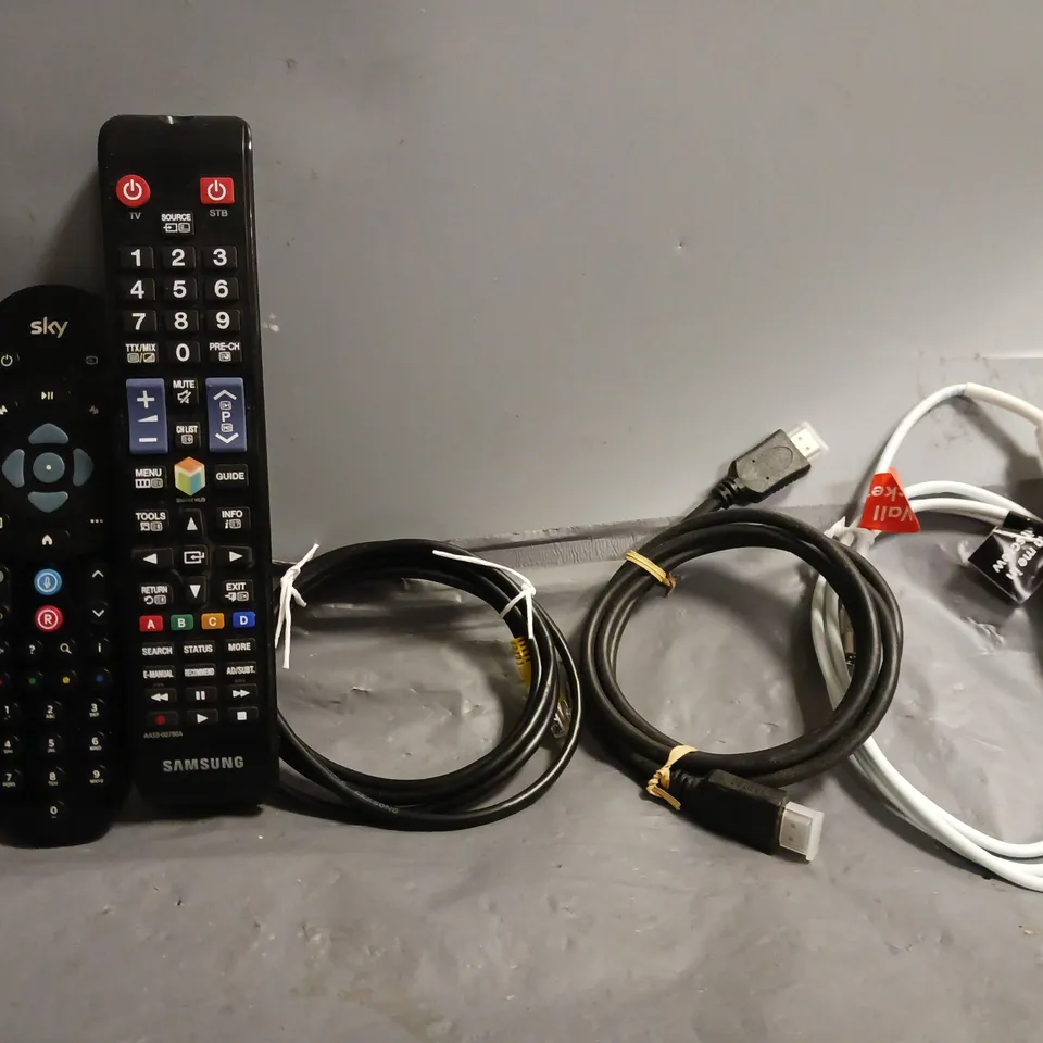 APPROXIMATELY 10 ASSORTED HOUSEHOLD ITEMS TO INCLUDE - HDMI LEAD , ETHERNET LEAD , SKY REMOTE ETC