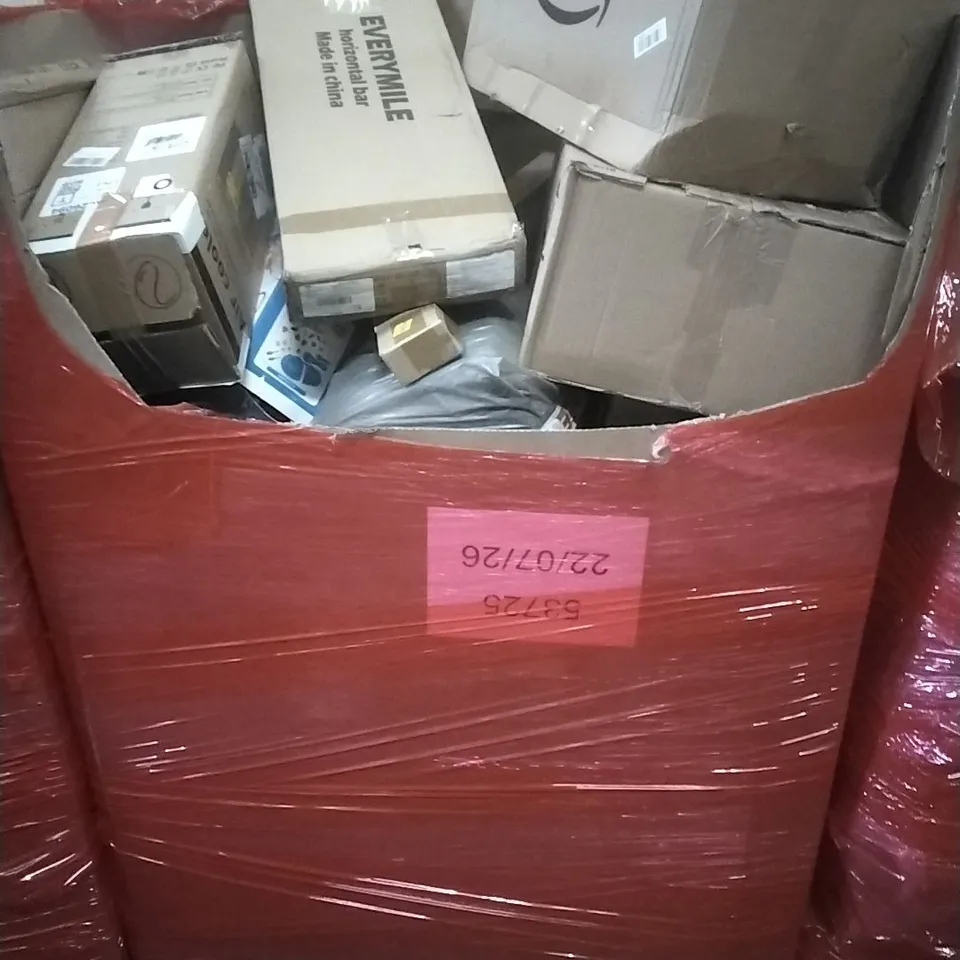PALLET OF ASSORTED HOUSEHOLD GOODS AND PRODUCTS TO INCLUDE; AIR COOLER, HORIZONTAL BAT, WATER TABLE, BOXED FURNITURE ETC