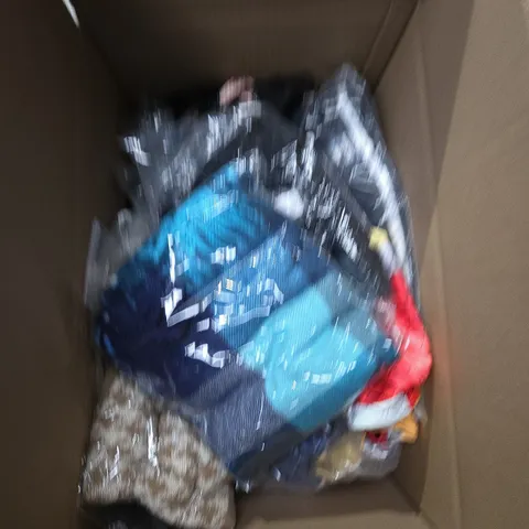 MEDIUM BOX OF ASSORTED CLOTHING ITEMS IN ASSORTED COLOURS, SIZES AND STYLES