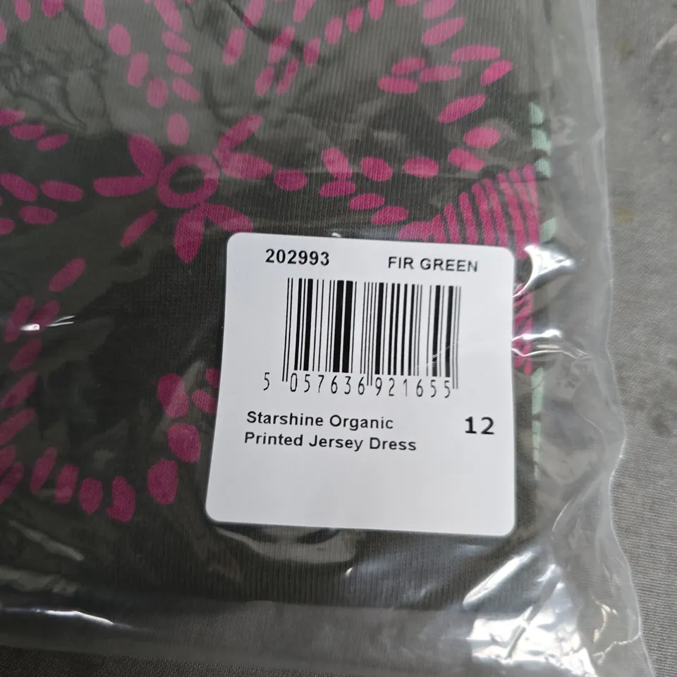 BAGGED STARSHINE ORGANIC PRINTED JERSEY DRESS – WOMEN'S FIR GREEN, SIZE 12