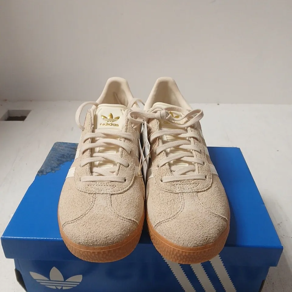 BOXED PAIR OFADIDAS GAZELLE J SNEAKERS - BEIGE SUEDE - UK 5.5