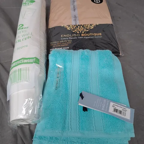 APPROXIMATELY 15 ASSORTED HOUSEHOLD PRODUCTS TO INCLUDE PAPER DRINKS, BEDDING AND A TOWEL