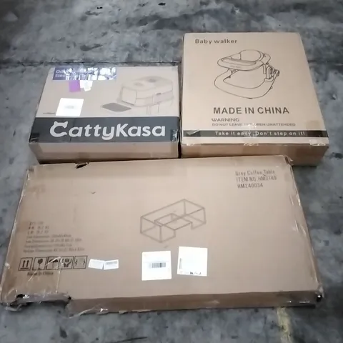 PALLET OF ASSORTED HOUSEHOLD GOODS AND PRODUCTS TO INCLUDE; COFFEE TABLE, LITTER BOX, BABY WALKER ETC