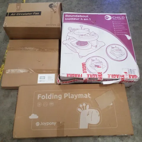 PALLET CONTAINING ASSORTED PRODUCTS INCLUDING AIR CIRCULATOR FAN, CEILING LIGHT, FOLDING PLAYMAT, 4-IN-1 ACTIVITY WALKER, RACING CHAIR & PLAYPEN