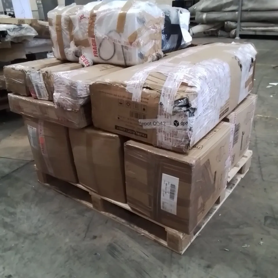 PALLET OF ASSORTED HOUSEHOLD GOODS AND PRODUCTS TO INCLUDE;TUBE TENTS,AIR COOLER,GARDEN RATTAN SET,CERAMIC BBQ