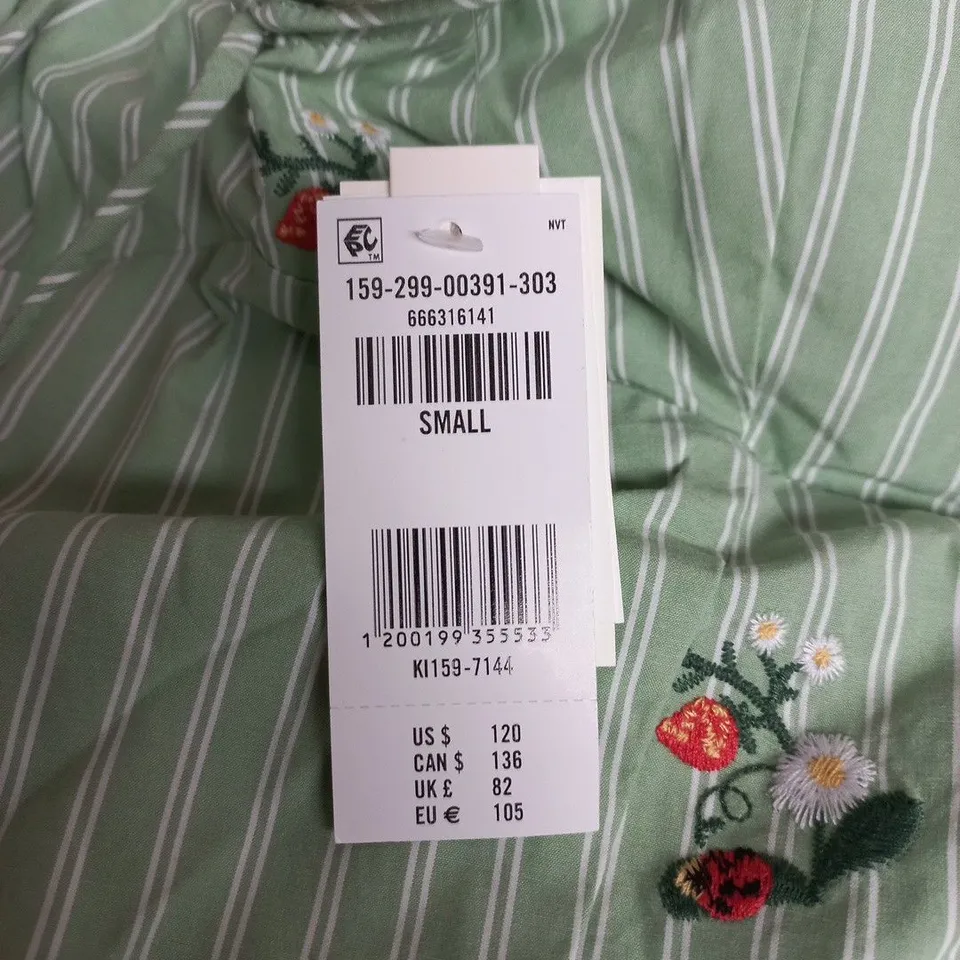 GIRLS' GREEN STRIPE DRESS WITH FLORAL EMBROIDERY – SIZE SMALL (UK)