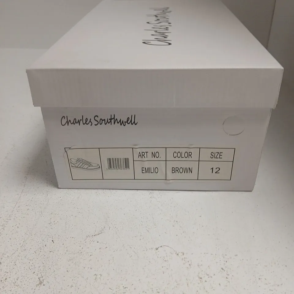 CHARLES SOUTHWELL EMILIO BROWN LEATHER SNEAKERS, UK 12 – BOXED 