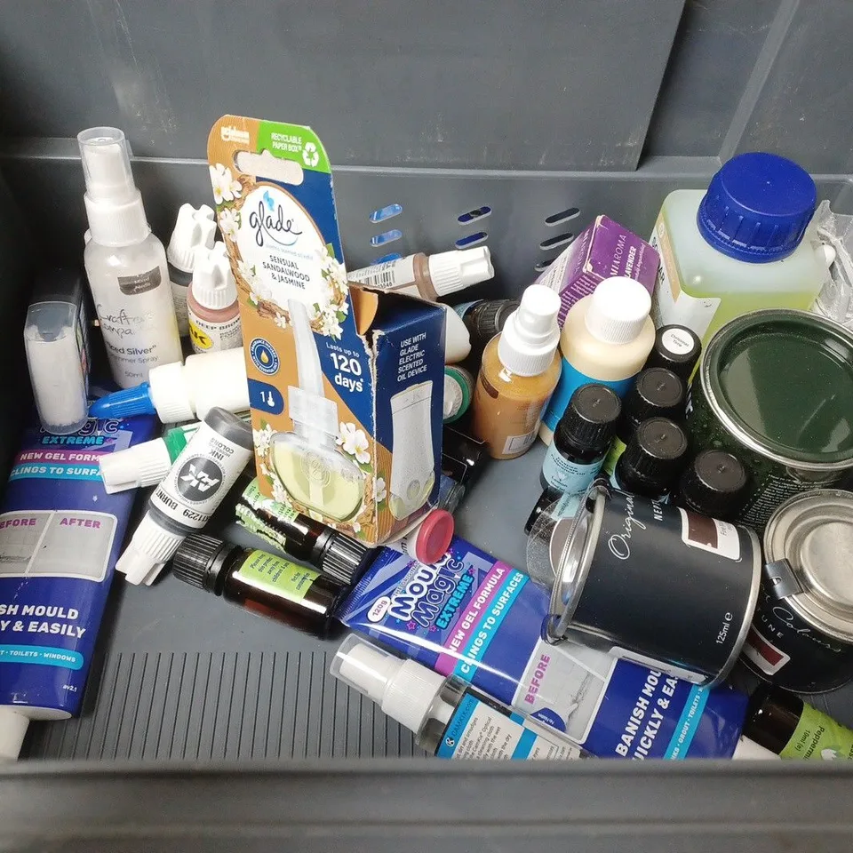 BOX OF APPROXIMATELY 15 ASSORTED ITEMS TO INCLUDE - BARBOUR WAX THORNPROOF DRESSING , LOVFEN HARDENER EPOXY RESIN , EPOXY RESIN ETC