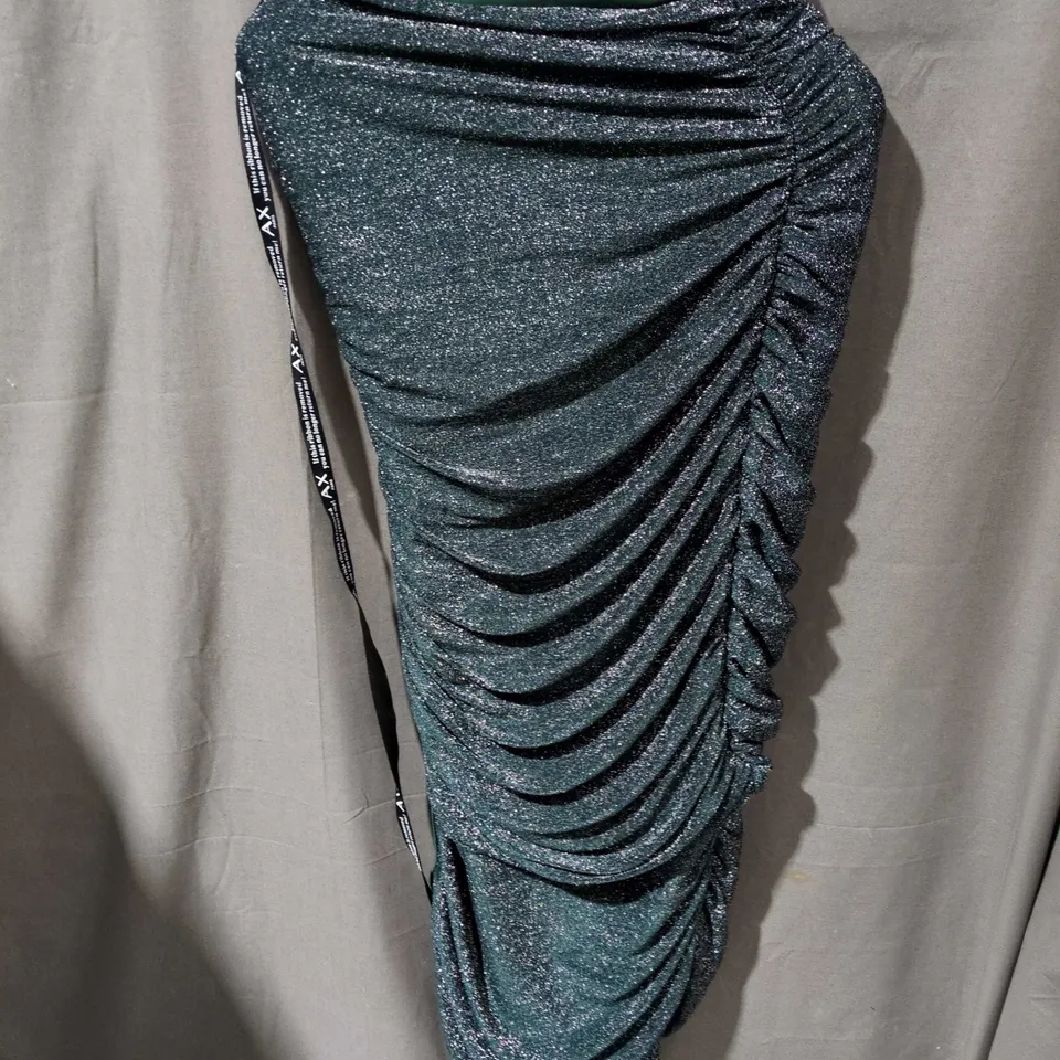 TEAL GLITTER RUCHED EVENING DRESS – FORMAL OCCASION SIZE 12