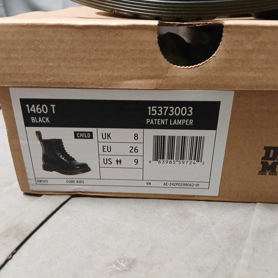 DR. MARTENS 1460 T BLACK PATENT LAMPER KIDS BOOTS, UK 8 (EU 26) US 9