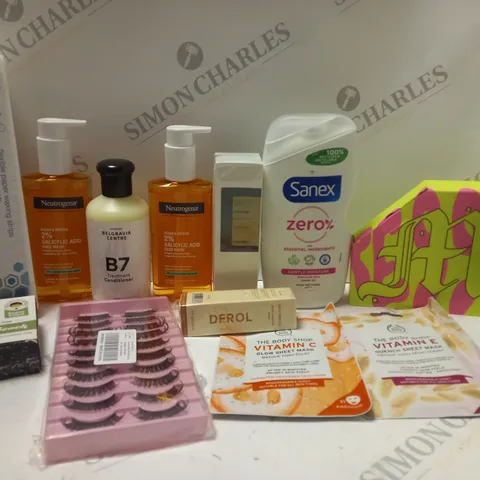 BOX OF APPROX 10 ASSORTED BEAUTY PRODUCTS TO INCLUDE NEUTROGENA FACE WASH, SANEX SHOWER GEL, THE BODY SHOP VITAMIN E FACE MASK, ETC