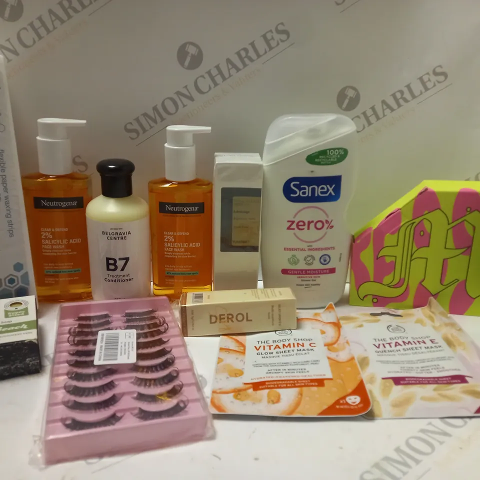 BOX OF APPROX 10 ASSORTED BEAUTY PRODUCTS TO INCLUDE NEUTROGENA FACE WASH, SANEX SHOWER GEL, THE BODY SHOP VITAMIN E FACE MASK, ETC