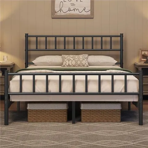 BOXED MINIMALIST METAL BED FRAME WITH SLATTED HEADBOARD