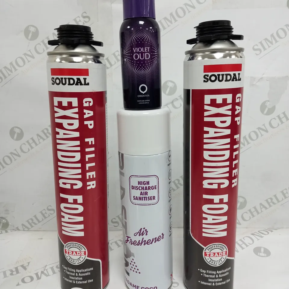 BOX OF APPROX 10  ASSORTED LIQUIDS TO INCLUDE - EXPANDING FOAM, AIR FRESHENER, VIOLET OUD ETC