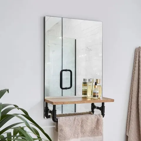 BOXED CROMFORD RECTANGLE WALL MIRROR WITH WOODEN SHELF (1 BOX)