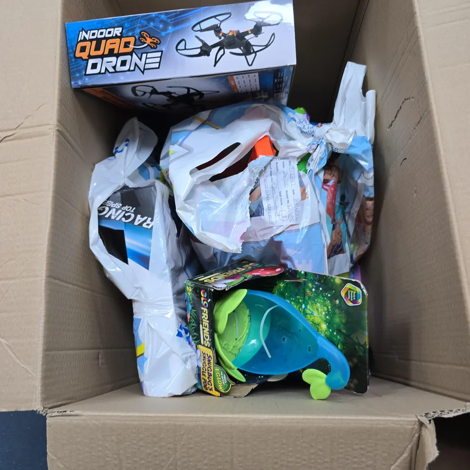 BOX OF APPROXIMATELY 9 ASSORTED TOYS INCLUDING INDOOR QUAD DRONE AND SNUGBUGS SNUGGLE POD 