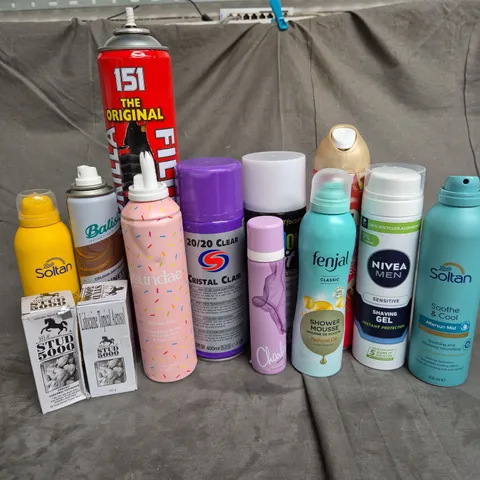 APPROXIMATELY 12 ASSORTED AEROSOLS TO INCLUDE - SUNDAE BIRTHDAY CAKE SHOWER FOAM - NIVEA MEN SHAVE GEL - 151 GORILLA FILLER EXPANDING FOAM - ETC - COLLECTION ONLY