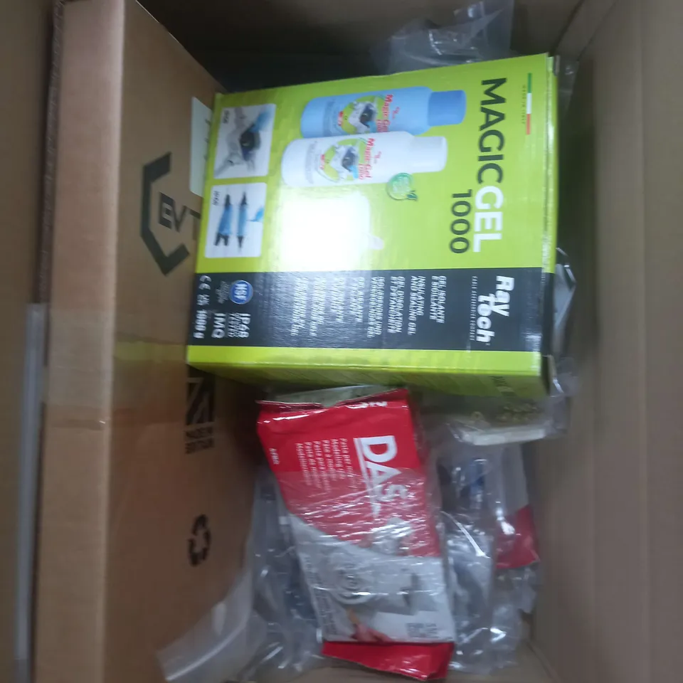 BOX OF APPROXIMATELY 10 ASSORTED ITEMS TO INCLUDE MAGICGEL, STECKPLATINE, ULTRASONIC GENERATOR ETC