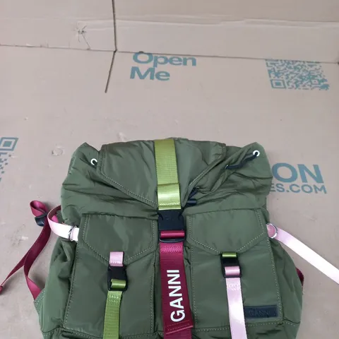 GANNI BACKPACK – OLIVE GREEN WITH MULTICOLOUR STRAPS