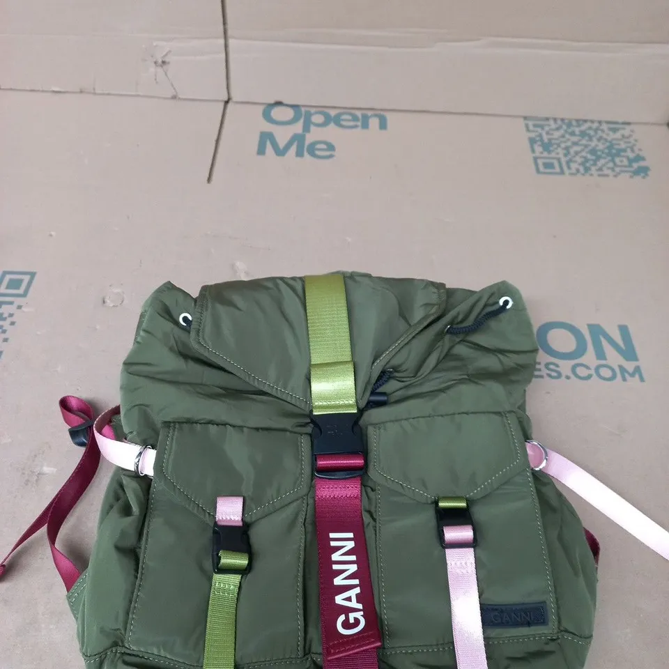 GANNI BACKPACK – OLIVE GREEN WITH MULTICOLOUR STRAPS