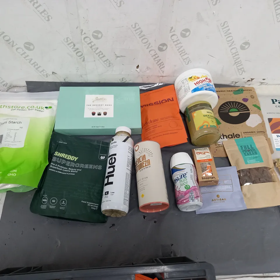 APPROXIMATELY 5 ASSORTED FOOD ITEMS TO INCLUDE - SHREDDY SUPERGREENS, BUTTERS DESSERT MENU, AND PACT COFFEE ETC. 