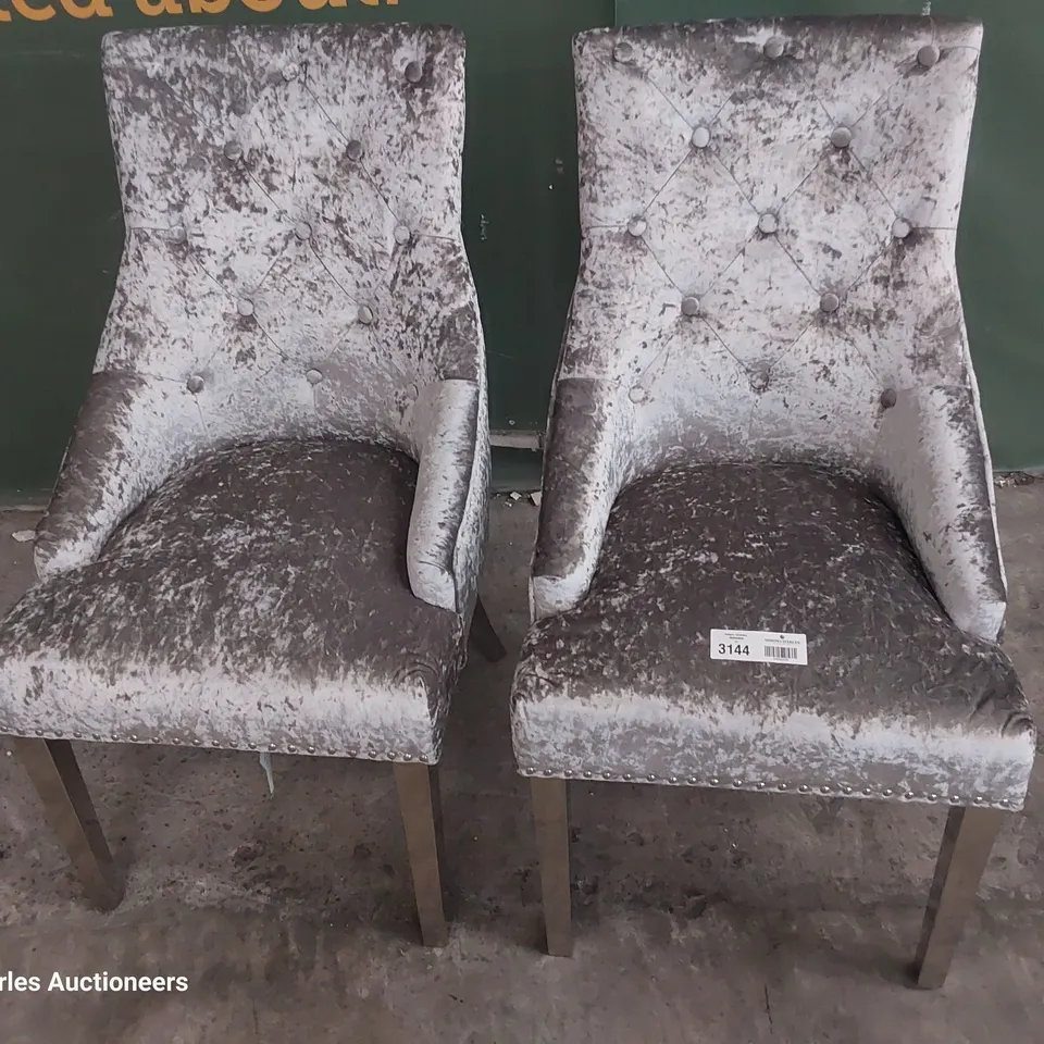 PAIR OF UPHOLSTERED BUTTONED RING BACK DINING CHAIRS SILVER PLUSH FABRIC ON SILVER LEGS 