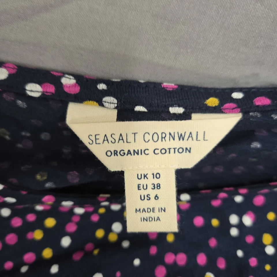 SEASALT CORNWALL NAVY ORGANIC COTTON DRESS – MULTICOLOUR DOT PATTERN, UK 10