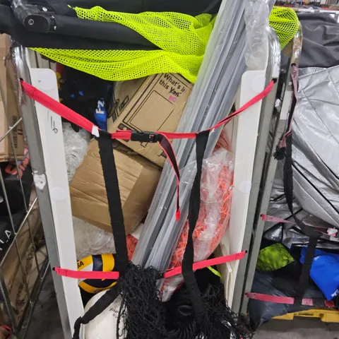 CAGE OF ASSORTED SPORTS EQUIPMENT PARTS INCLUDING NETS, FOOTBALLS, (CAGE NOT INCLUDED)