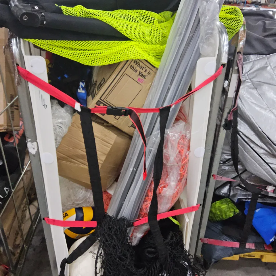 CAGE OF ASSORTED SPORTS EQUIPMENT PARTS INCLUDING NETS, FOOTBALLS, (CAGE NOT INCLUDED)