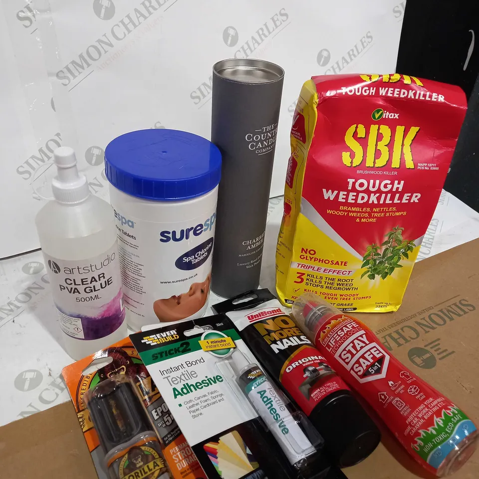 BOX OF ASSORTED HOUSEHOLD ITEMS TOO INCLUDE CANDLES AND TOUGH WEEK KILLER 