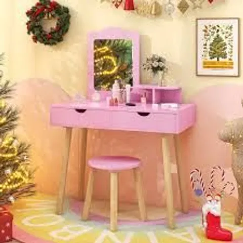 BOXED KIDS VANITY TABLE AND STOOL SET WITH SQUARE MIRROR AND STORAGE SHELF