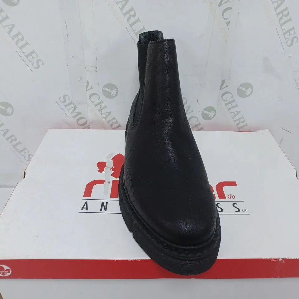 BOXED PAIR OF RIEKER CHUNKY ANKLE BOOTS IN BLACK - SIZE 6