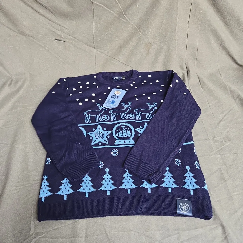 MANCHESTER CITY FC KIDS FAIRISLE CHRISTMAS JUMPER IN BLUE SIZE 3/14YRS