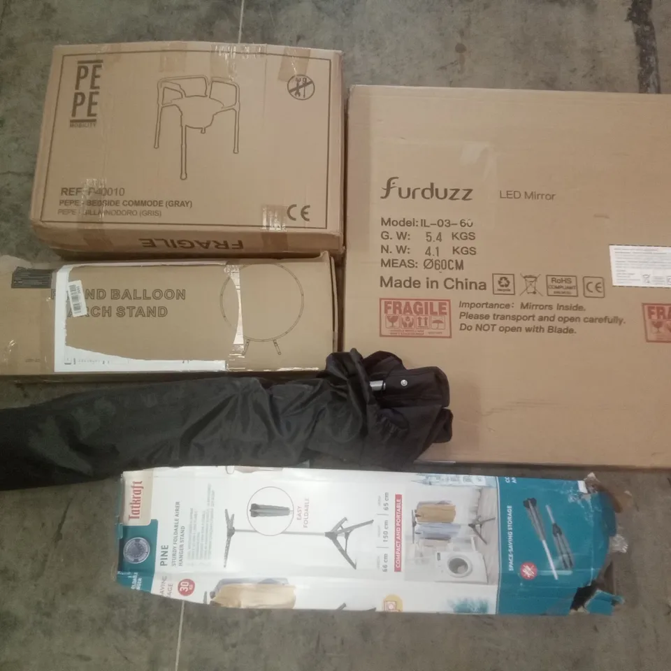 PALLET OF ASSORTED ITEMS INCLUDING FURDUZZ LED MIRROR, TATKRAFT AIRER HANGER STAND, PEPE BEDSIDE COMMODE, ROUND BALLOON ARCH STAND, FOLDING CAMPING CHAIR 