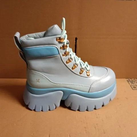BOXED PAIR OF KOI CRYBABY BLUE VILUN PLATOFORM  BOOTS - UK 6
