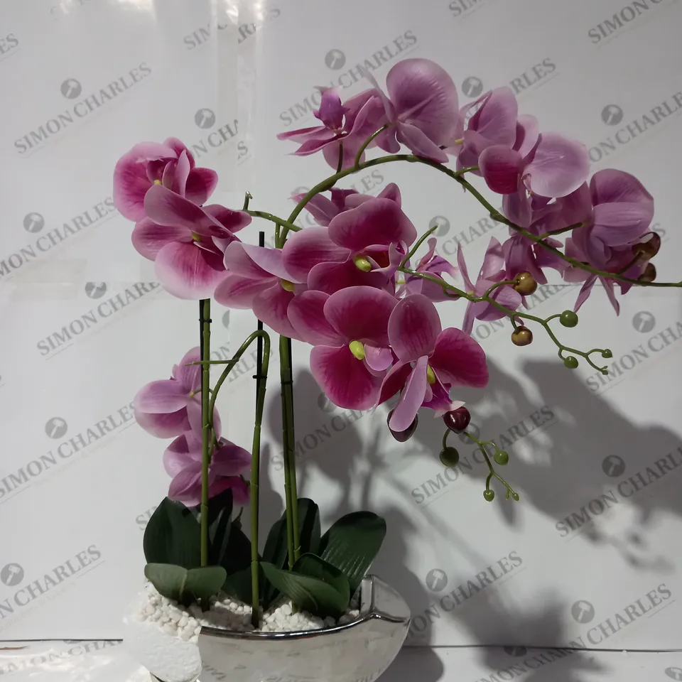 BOXED JM BY JULIEN MACDONALD 3 STEM REAL TOUCH FAUX ORCHID IN CERAMIC METALLIC VESSEL