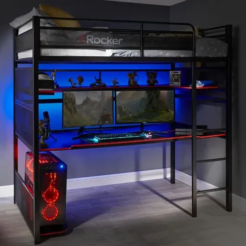 BOXED X-ROCKER BATTLEBUNK HIGH SLEEPER GAMING BED METAL SINGLE 3FT WITH DESK AND SHELVING - BLACK (2 BOXES)